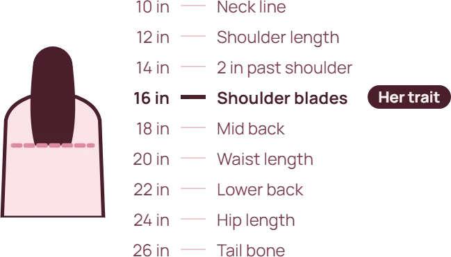 Hair length scale from 10 in, neck line, to 26 in, tail bone. Her hair is 16 in, to the shoulder blades.