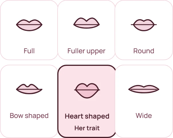 Lip shapes: full, fuller upper, round, bow shaped, heart shaped, wide. Hers are heart shaped.
